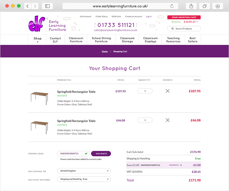 ELF Early Learning Furniture website shopping cart example